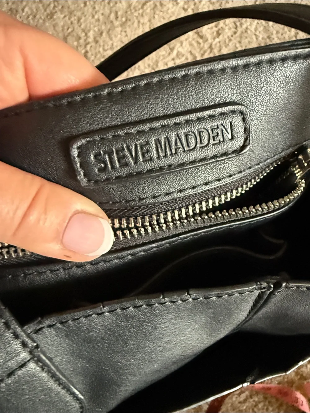 Steve Madden Black Leather Tote with Gold Corner Accents